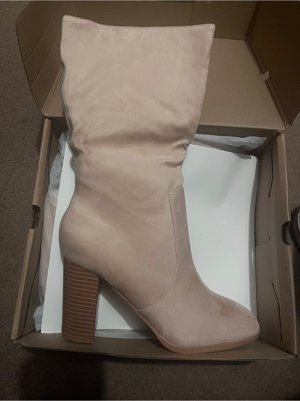 JULIET HOLY Women's Beige Block Heel Mid-Calf Boot